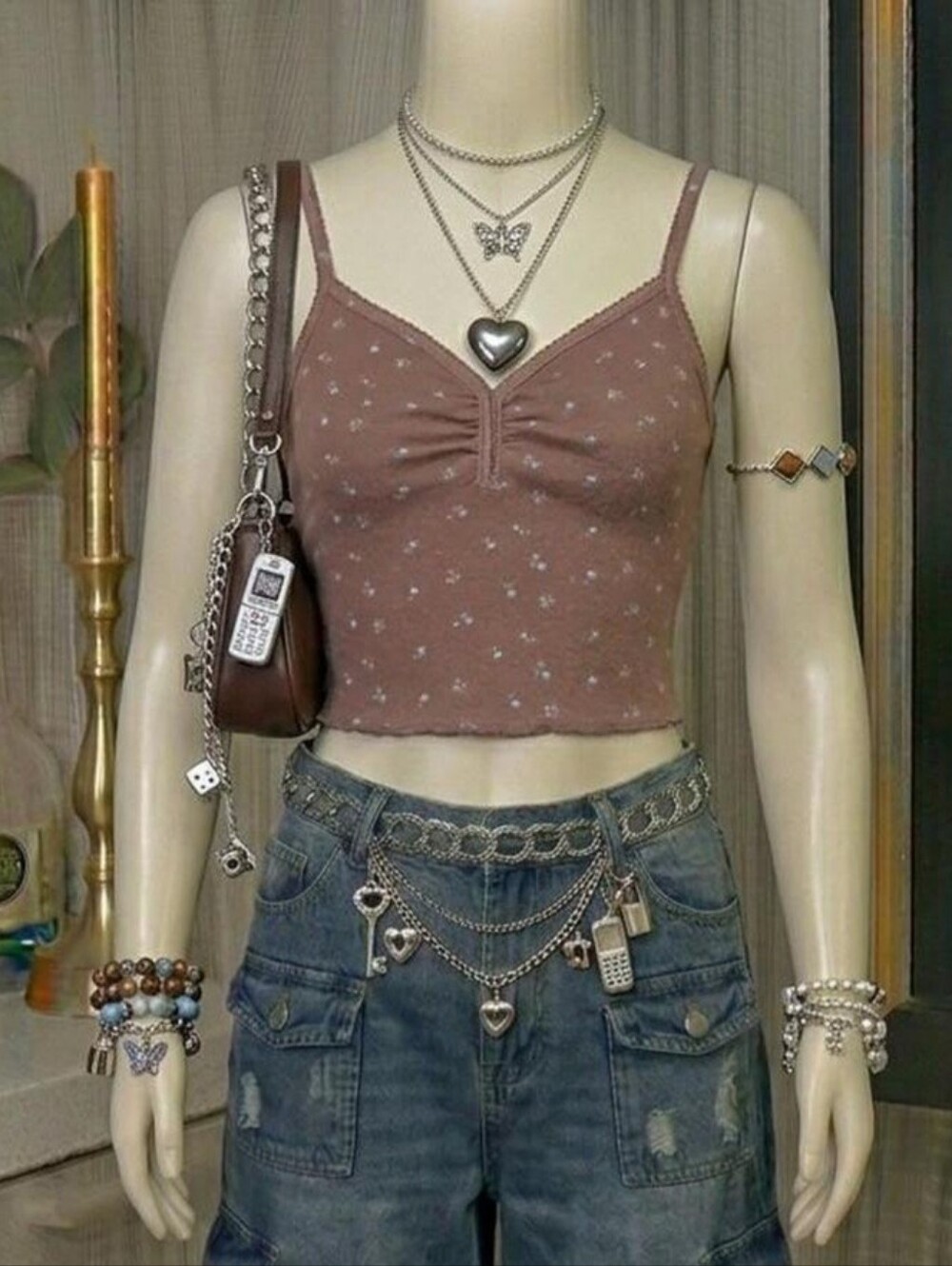 Pacsun Ruched Spaghetti Strap Crop Tank - Mauve Floral - Women's Small